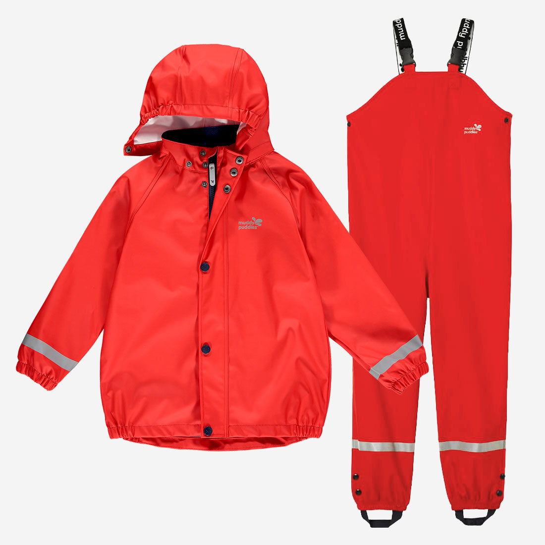 Rainy Day Waterproof Jacket and Dungarees Set Red, featuring a hooded rain jacket and dungarees in bright red with reflective detailing.