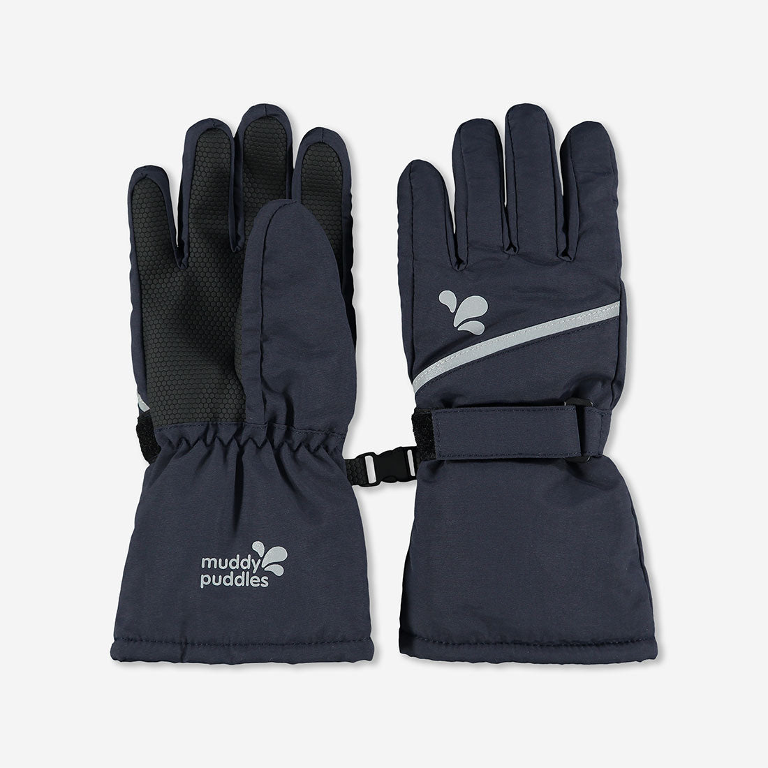 Two navy gloves with reflective stripes and a 'muddy puddles' logo on a white background.