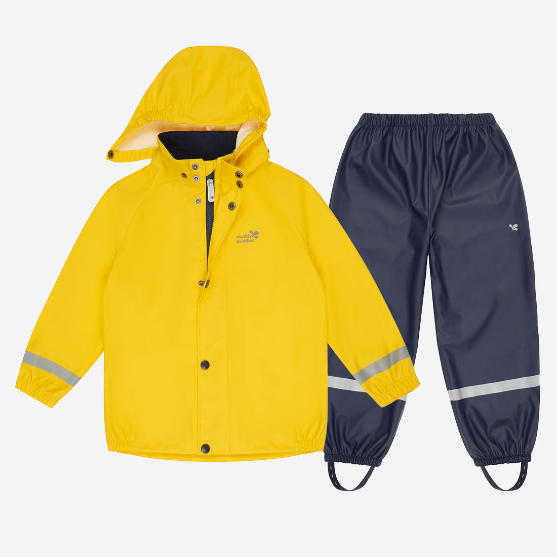 Rainy Day Waterproof Jacket and Trousers Set Yellow: A yellow waterproof jacket with hood and dark blue waterproof trousers are displayed.