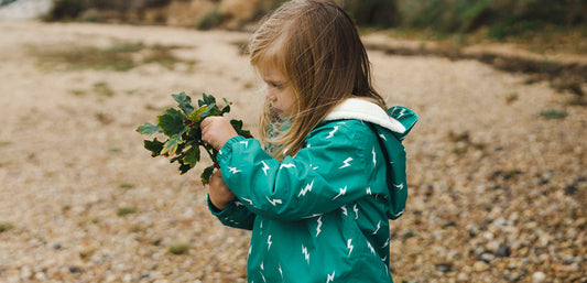 Child in green waterproof jacket outdoors holding leaves on a pebbled beach