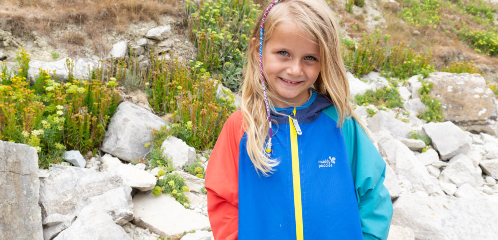 girl wearing colourblock blue green and red waterproof jacket