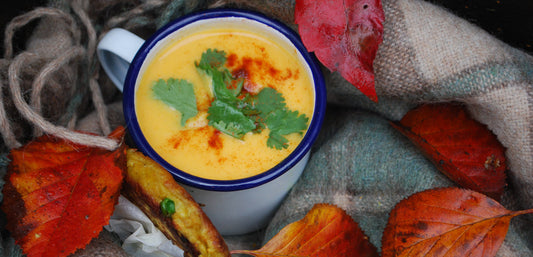 butternut squash soup in an enamel cup