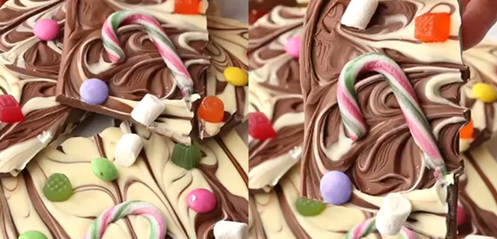 Festive chocolate bark with candy canes, marshmallows, and colorful sweets