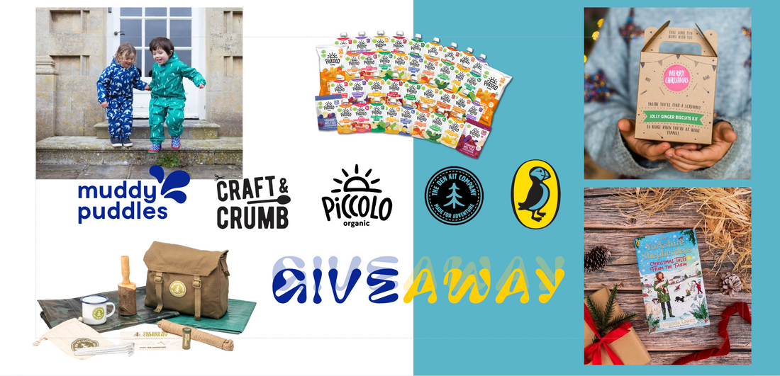 Children in waterproof rainwear, Christmas competition giveaway with kids' outdoor clothing, snacks, craft kit, and holiday book prizes.
