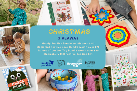 Christmas giveaway featuring children's waterproof clothing, toys, festive books, and bedding.