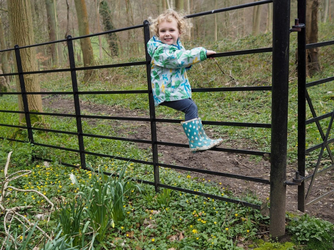 toddler climbing on a black woodland fence, wearing green muddy puddles waterproof jacket and wellies