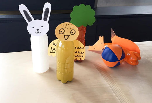plastic bottles decorated to look like woodland creatures