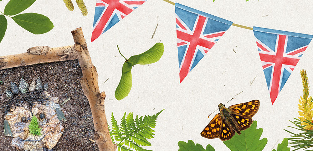 Nature collage with bark frame, leaves, butterfly, and Union Jack bunting, outdoor theme