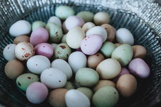 pastel coloured mini eggs in a bowl