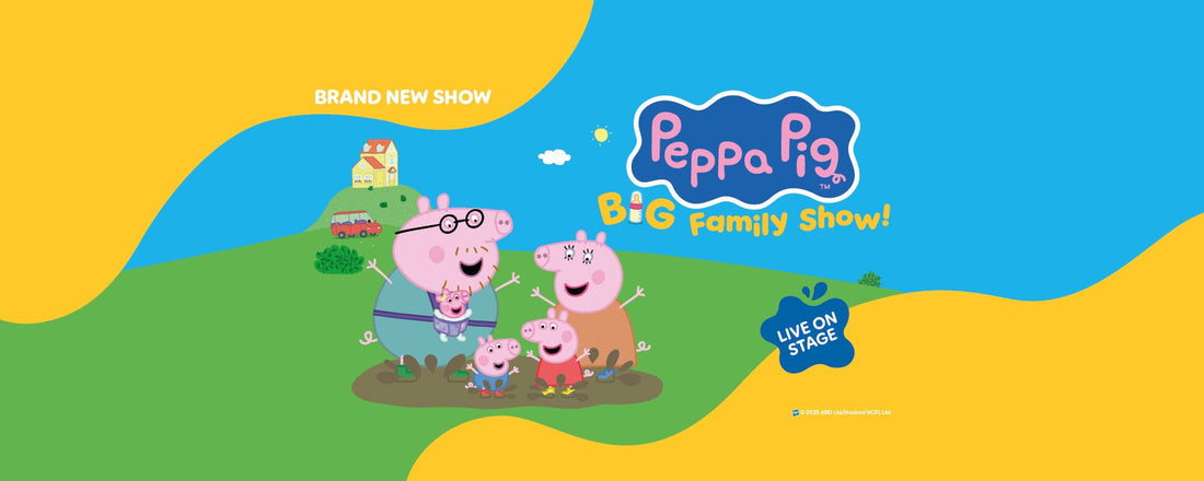 Peppa Pig family cartoon characters in outdoor setting promoting a big family stage show