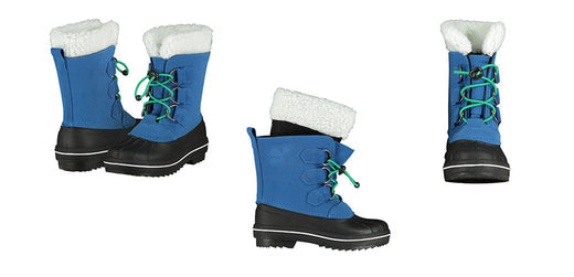Blue children's waterproof snow boots with black soles and white fleece lining, side and front views