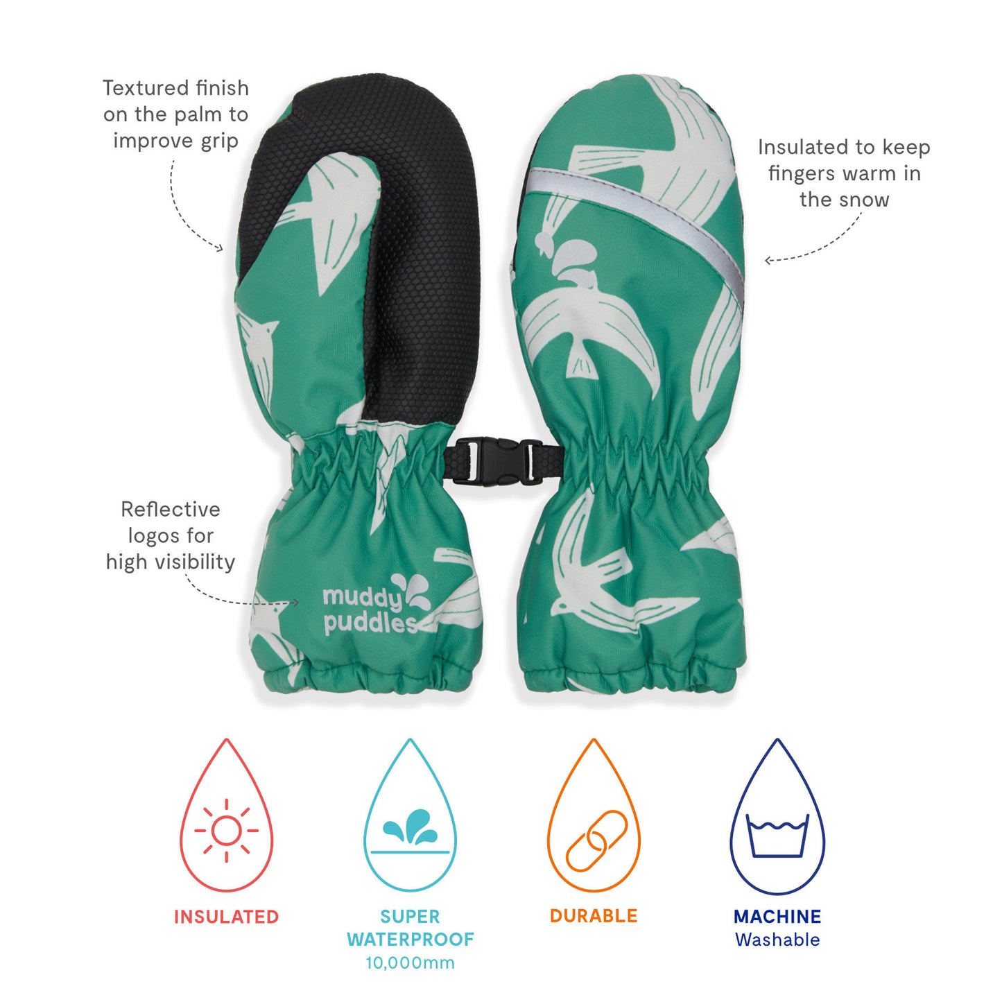Ski Mittens Green Bird