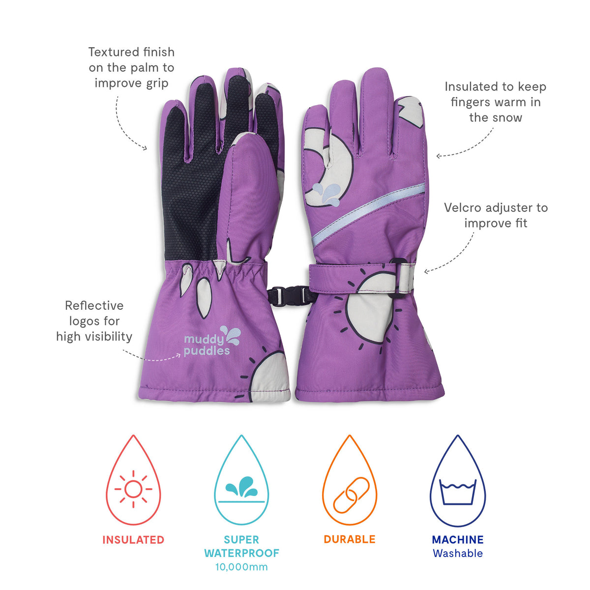 Children's Ski Gloves Lilac Weather from Muddy Puddles, featuring textured palm for grip, insulated warmth, Velcro wrist adjuster, reflective logos, waterproof and durable design.