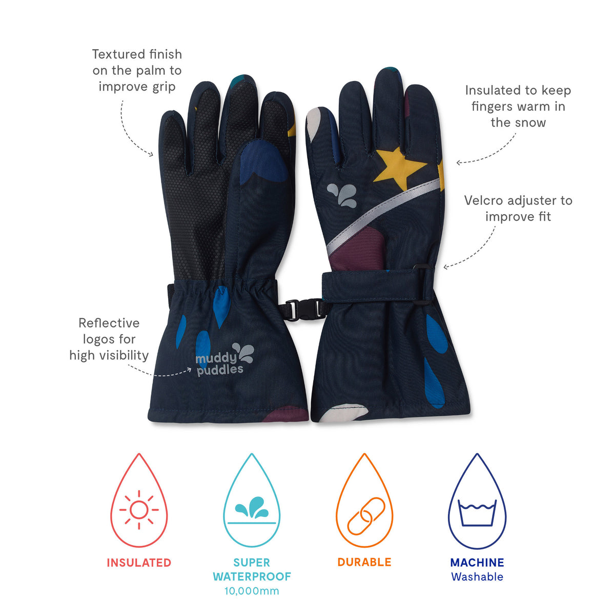 Ski Gloves Navy Weather feature textured palms for grip, insulated and waterproof design, Velcro wrist straps, reflective logos, and are durable and machine washable.