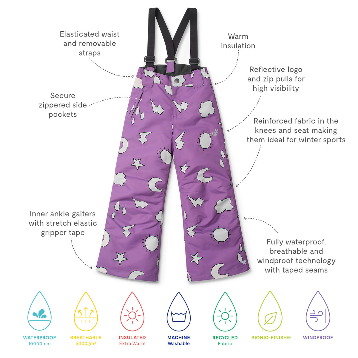 Blizzard Ski Salopettes Lilac Weather with adjustable suspenders feature durable, waterproof fabric, secure pockets, reflective details, and reinforced knees, ideal for children's winter activities.