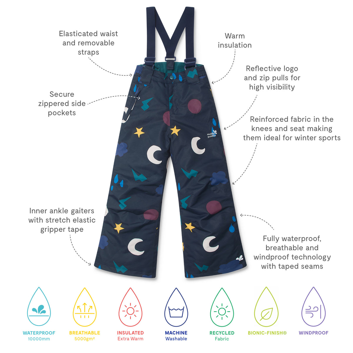 Blizzard Ski Salopettes Navy Weather: Children’s durable, waterproof snow pants with adjustable braces, insulated design, reinforced knees, elastic ankle gaiters, and reflective details, made from recycled fabric.