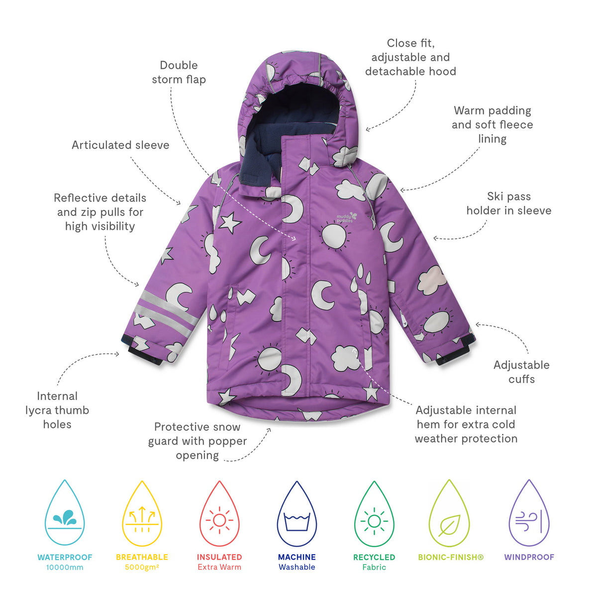 Blizzard Kids Ski Jacket Lilac Weather: Durable, waterproof jacket with storm-flap, articulated sleeves, reflective details, snow guard, adjustable hood, cuffs, and hem; ideal for winter sports.
