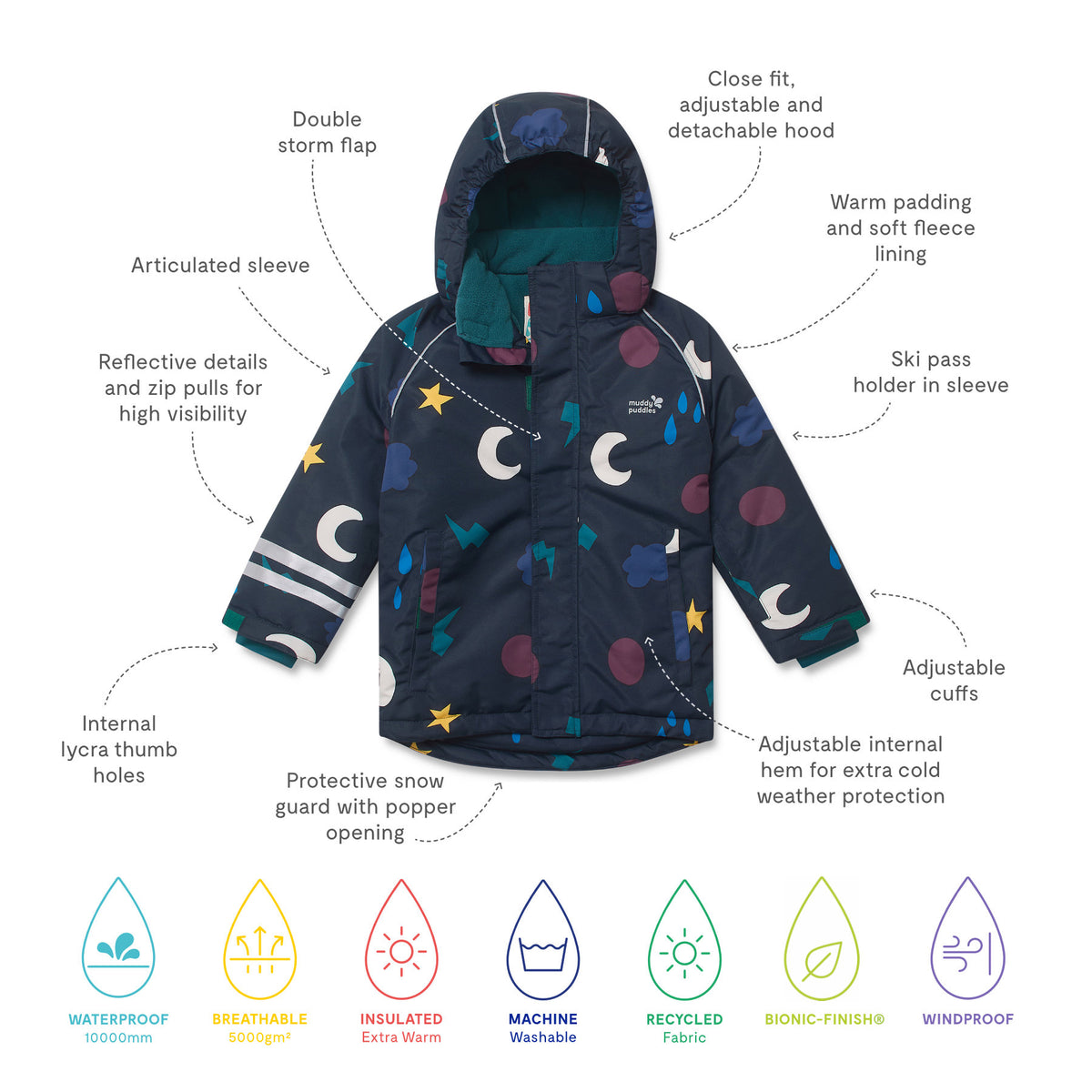 Blizzard Kids Ski Jacket Navy Weather by Muddy Puddles, featuring a weather-themed print, double storm flaps, reflective trims, and waterproof, breathable, and insulated design with eco-friendly materials.