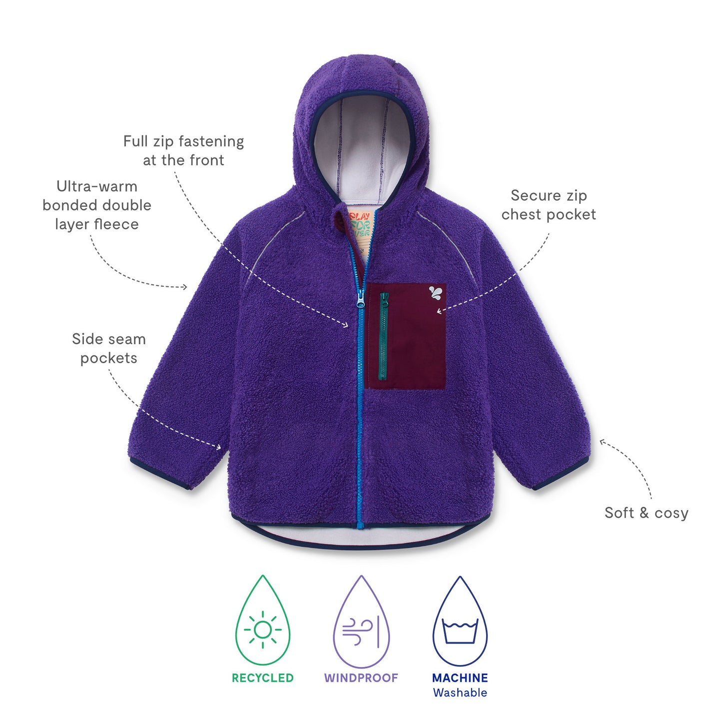 Borg Fleece Jacket Purple: Children's hooded jacket with full-length zipper, ultra-warm fleece, zip-closure chest pocket, side pockets. Made with recycled materials, windproof, machine-washable.