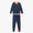 Kids Pyjamas Navy Christmas: Two-piece set with snowflake print, featuring a yellow neckline, mismatched cuffs, and color-blocked pants, perfect for cozy, durable winter nights.