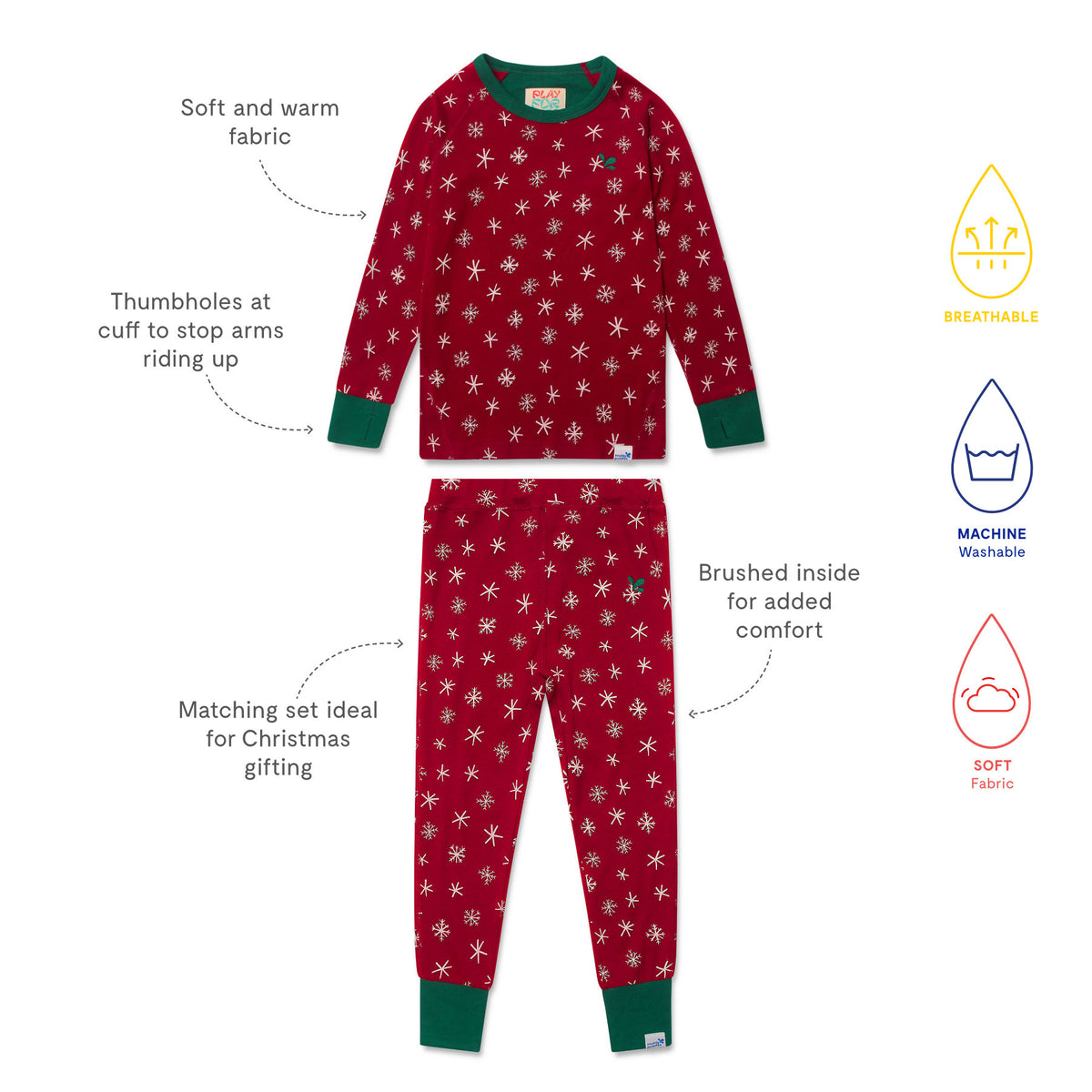 Kids Pyjamas Red Christmas: Soft, warm two-piece set with thumbhole cuffs and brushed interior; jogger pants and top ideal for festive comfort and gifting.