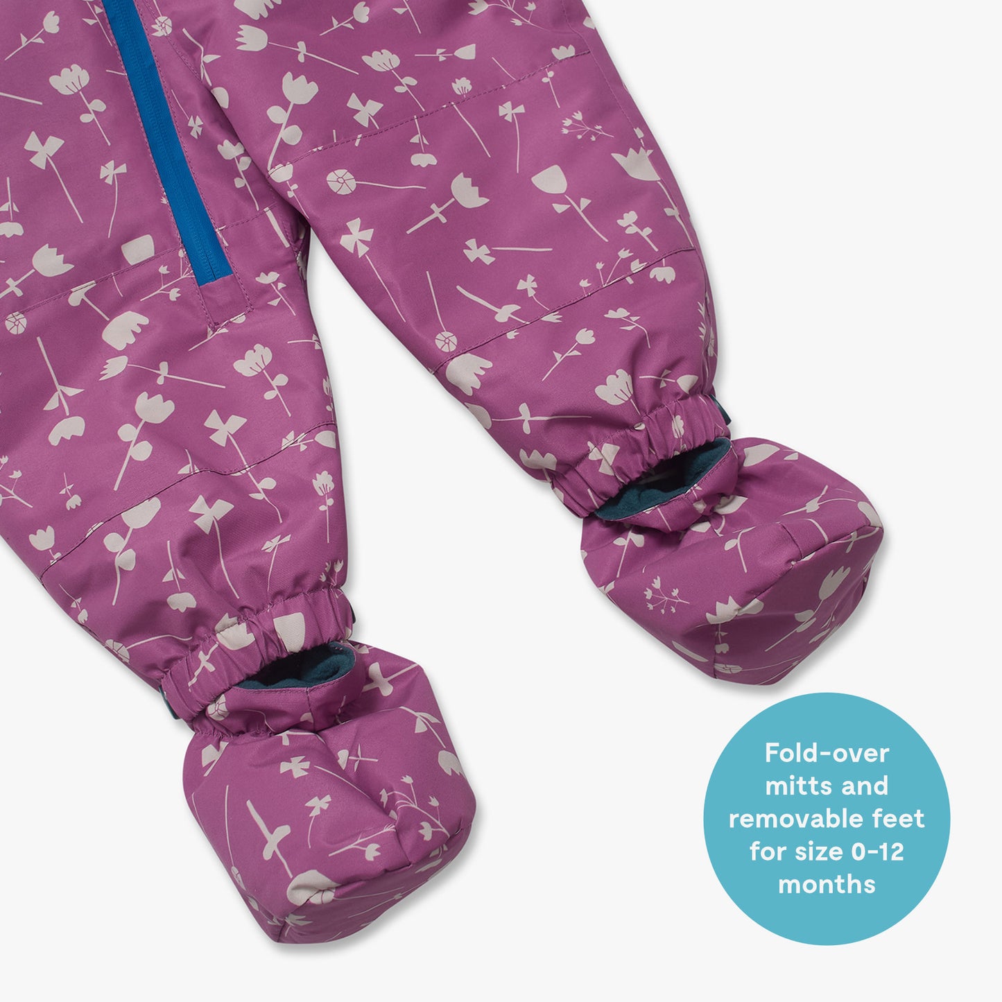 EcoSplash Fleece Lined Waterproof Puddle Suit Pink Floral featuring elasticized cuffs, fold-over mitts, and removable booties, perfect for keeping infants dry and comfortable.