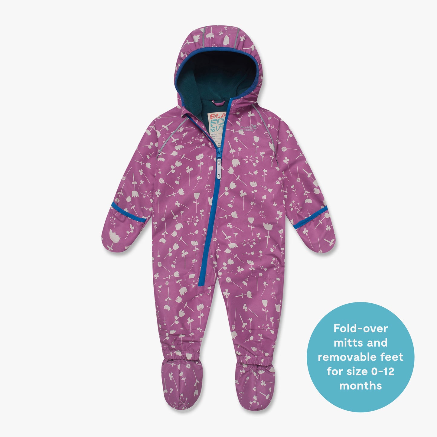 EcoSplash Fleece Lined Waterproof Puddle Suit Pink Floral features a purple snowsuit with white floral prints, teal fleece-lined hood, offset zipper, fold-over mittens, and removable foot coverings.