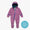 EcoSplash Fleece Lined Waterproof Puddle Suit Pink Floral features a purple snowsuit with white floral prints, teal fleece-lined hood, offset zipper, fold-over mittens, and removable foot coverings.