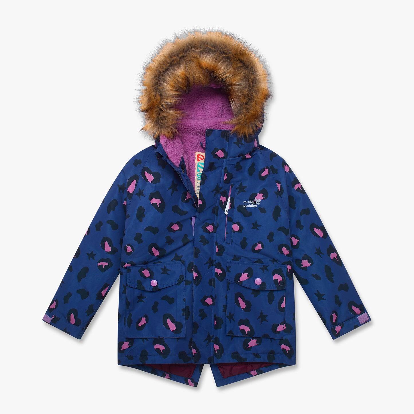 Waterproof Parka Blue Leopard: A children's durable winter coat with abstract spots, stars, large pockets, and a hood lined with purple fleece and brown faux fur trim.