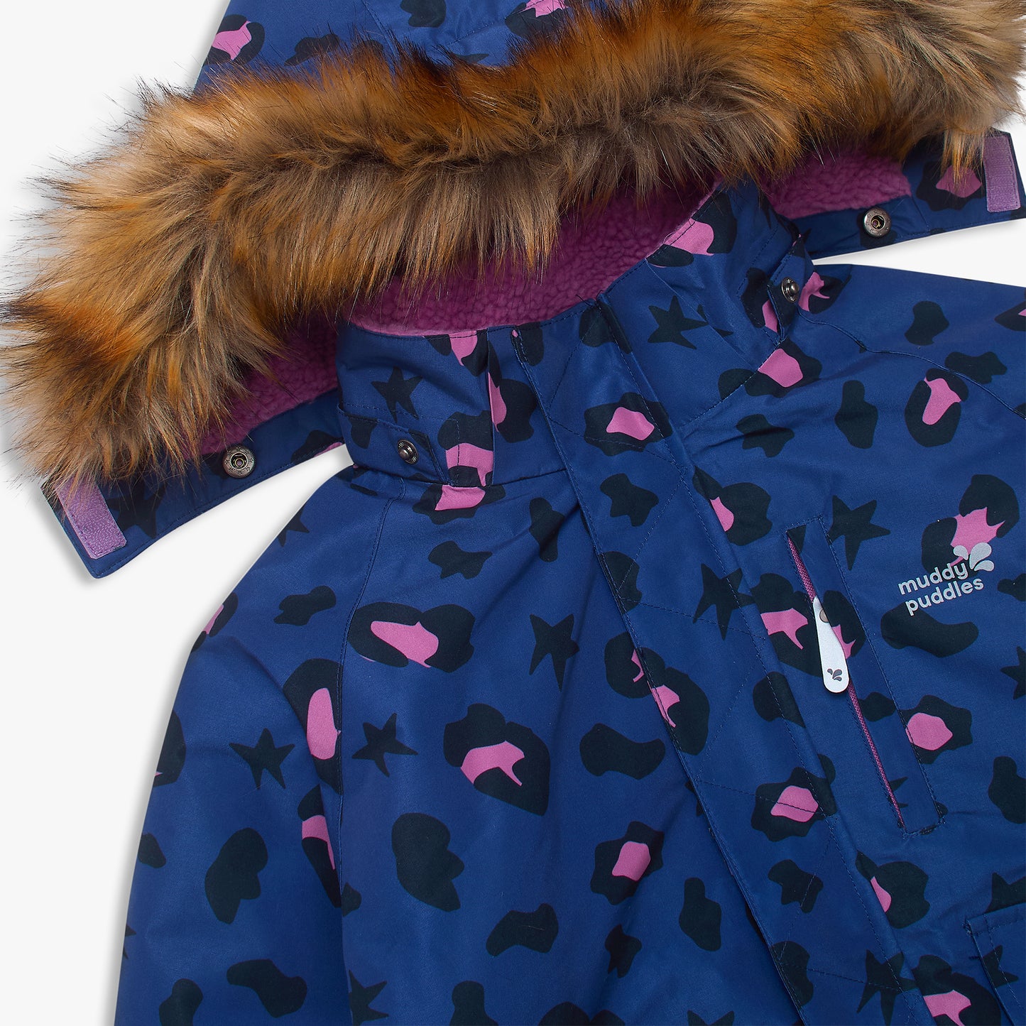 Waterproof Parka Blue Leopard by Muddy Puddles: Children's deep blue winter coat with black and pink splotches, faux-fur hood, and a zip pocket with logo.