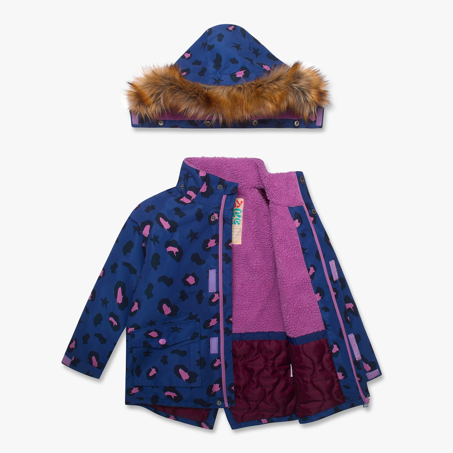 Waterproof Parka Blue Leopard features a blue coat with purple and pink abstract spots, plush purple fleece, quilted burgundy lining, and detachable hood with faux-fur trim. Durable and stylish for outdoor play.
