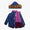 Waterproof Parka Blue Leopard features a blue coat with purple and pink abstract spots, plush purple fleece, quilted burgundy lining, and detachable hood with faux-fur trim. Durable and stylish for outdoor play.