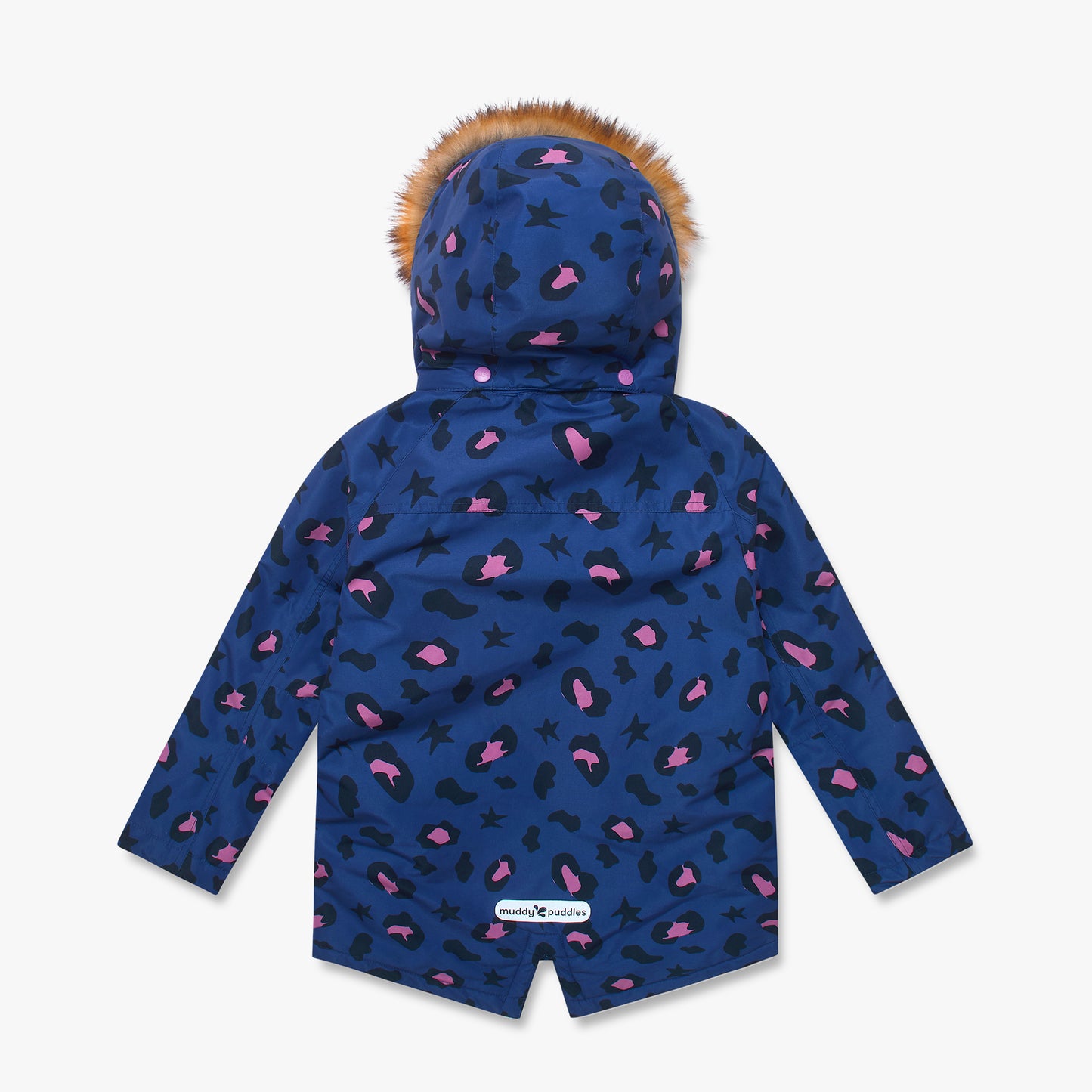 Waterproof Parka Blue Leopard features a deep blue shell with black and pink leopard-style spots, faux-fur hood trim, and a muddy puddles label. Durable and stylish for children's outdoor adventures.