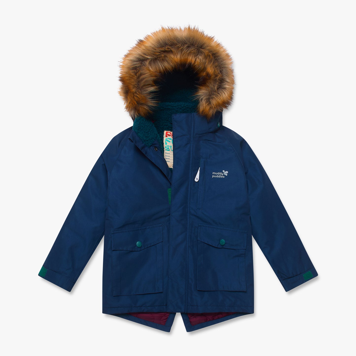 Waterproof Parka Navy for children with faux-fur hood, sherpa lining, and storm placket, featuring Muddy Puddles branding. Durable and perfect for outdoor adventures.