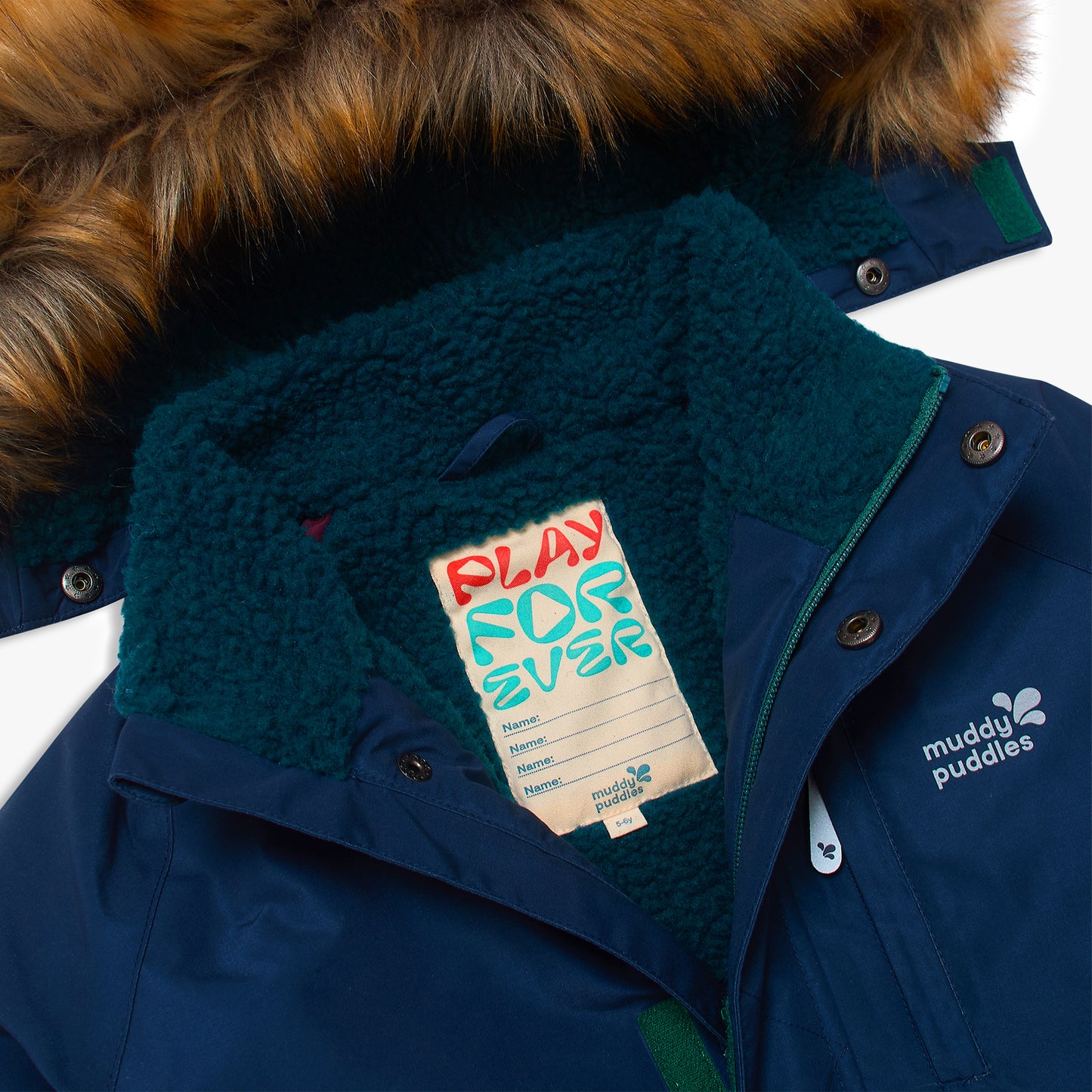 Waterproof Parka Navy featuring a navy-blue shell, faux-fur-trimmed hood, teal fleece lining, and a PLAY FOREVER label for name personalization.