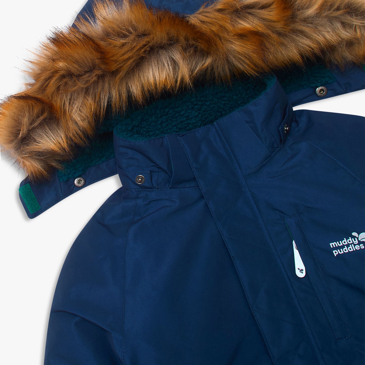 Waterproof Parka Navy features durable, fleece-lined collar and detachable faux fur-trimmed hood, perfect for staying warm and dry in any weather.