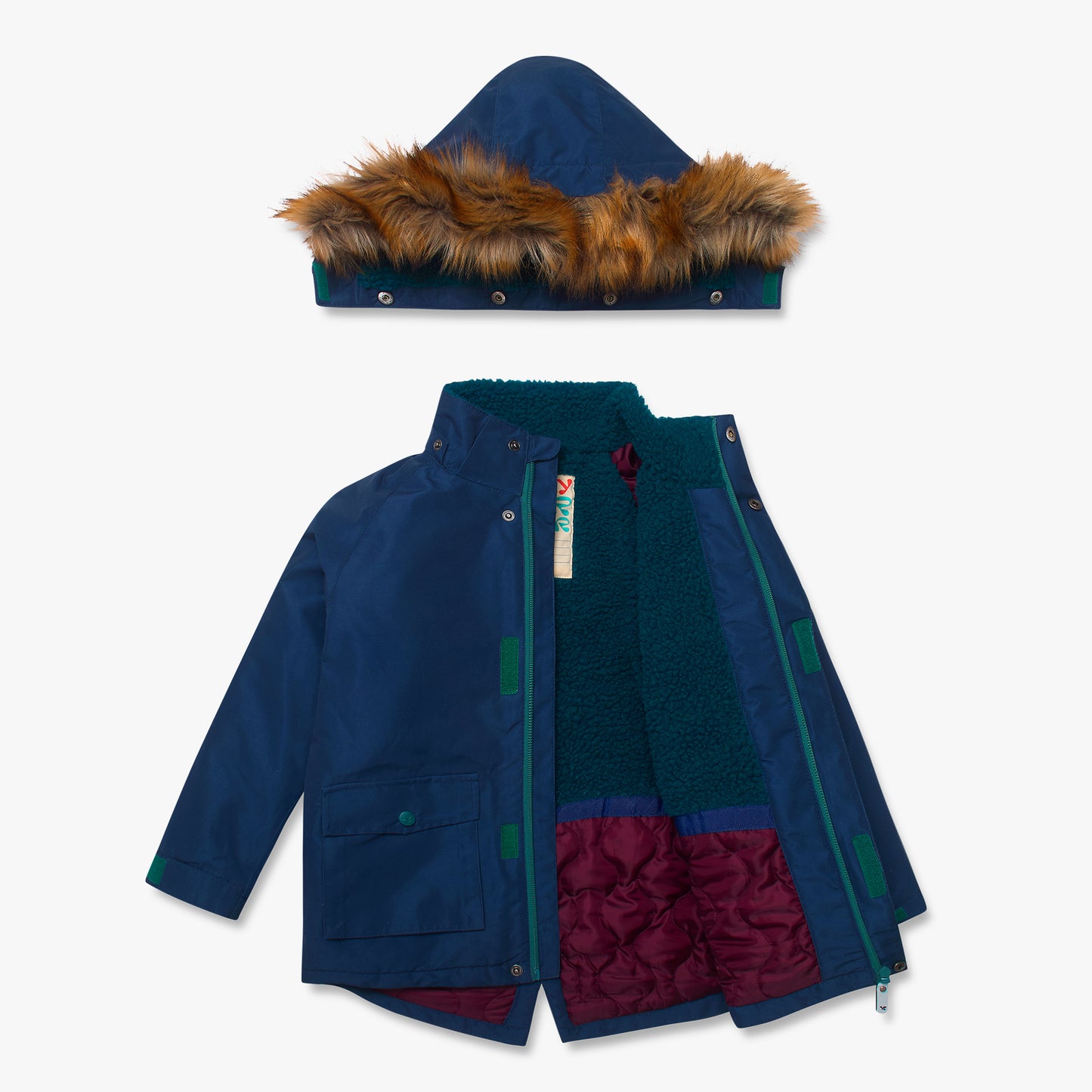 Waterproof Parka Navy with detachable faux fur hood, teal sherpa fleece lining, and burgundy quilted lower lining, designed for durability and warmth in children's outdoor adventures.