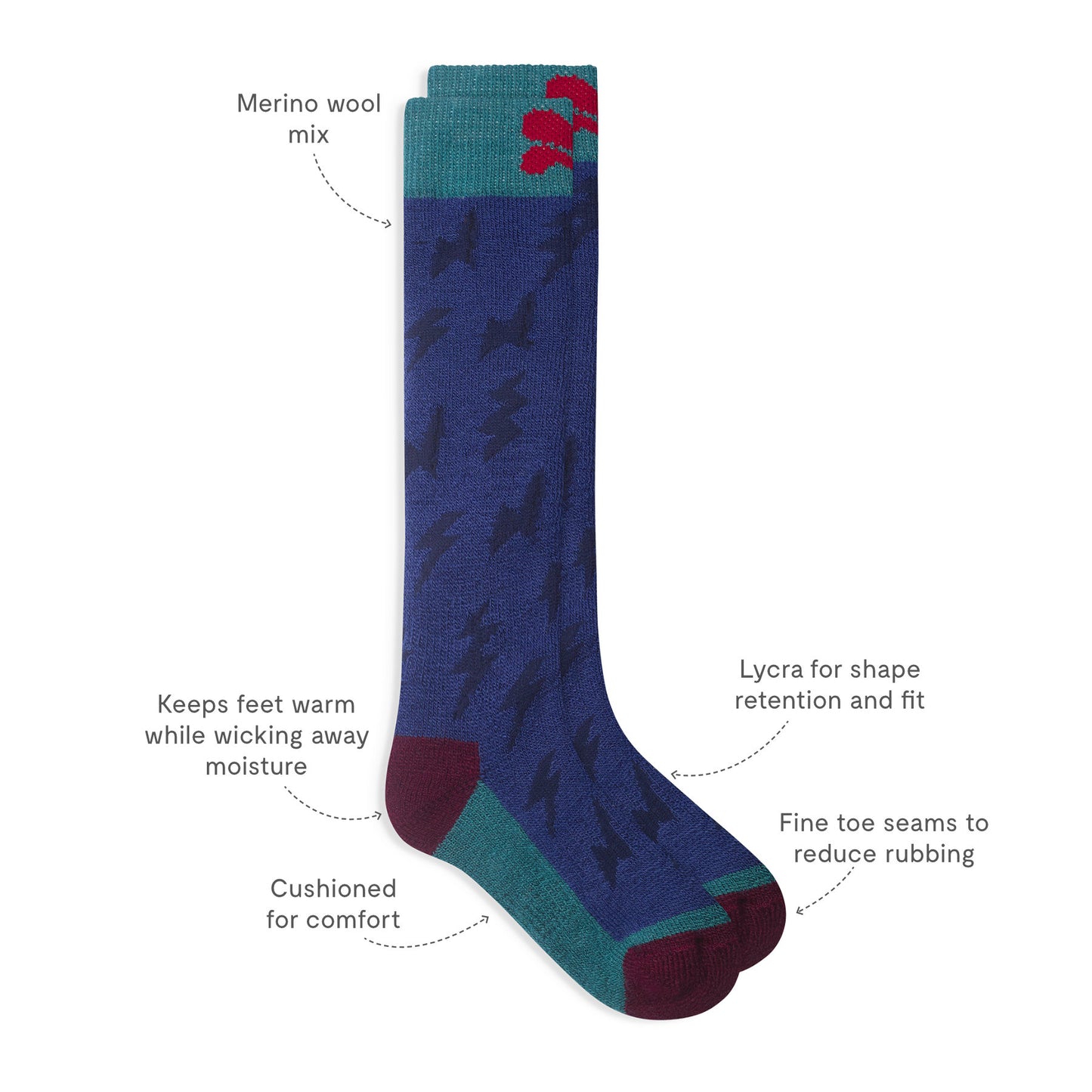 Puddlestomper Welly Socks Blue Lightning: Durable merino-blend sock with moisture-wicking, cushioned comfort, Lycra stretch, and low-profile seams, ideal for active, waterproof adventures.