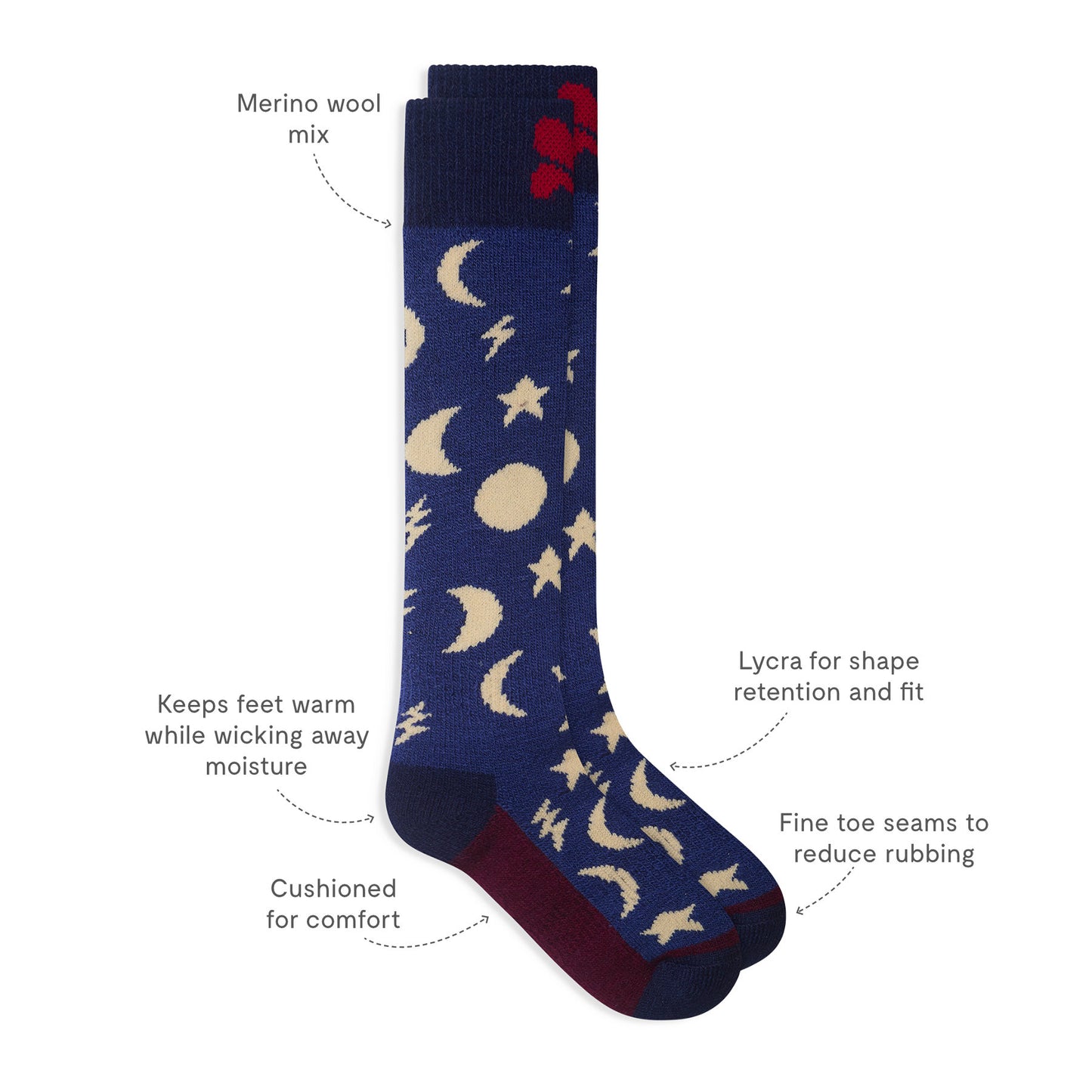 Puddlestomper Welly Socks Blue Moon: Durable, cushioned knee-high socks with moisture-wicking merino wool, snug Lycra fit, and fine toe seams for comfort and reduced blisters.