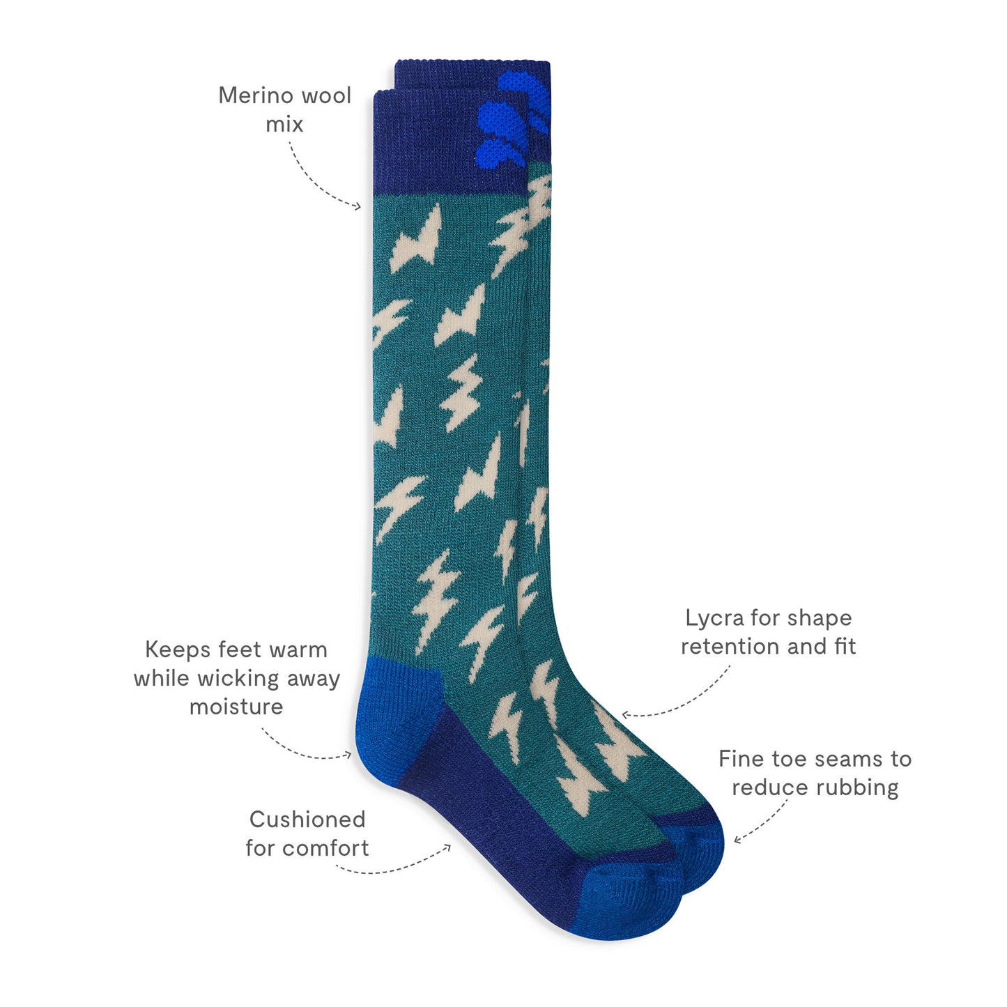 Puddlestomper Welly Socks Green Lightning with merino wool for warmth, cushioned sole, and Lycra for fit, ideal for durable, comfortable outdoor adventures.