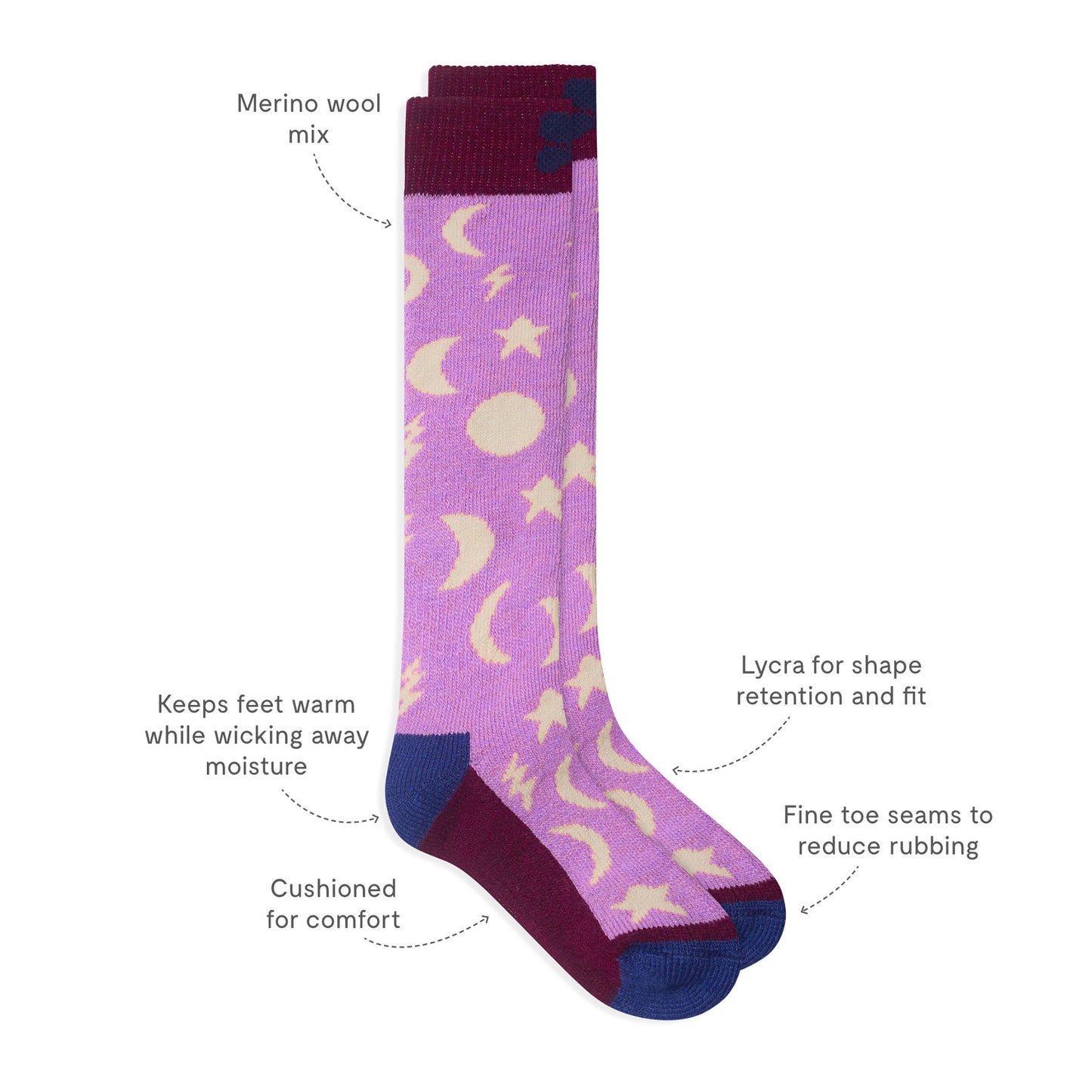 Puddlestomper Welly Socks Pink Moon feature merino wool for warmth, moisture-wicking, cushioned comfort, Lycra fit, and fine toe seams, ideal for children's outdoor wear.