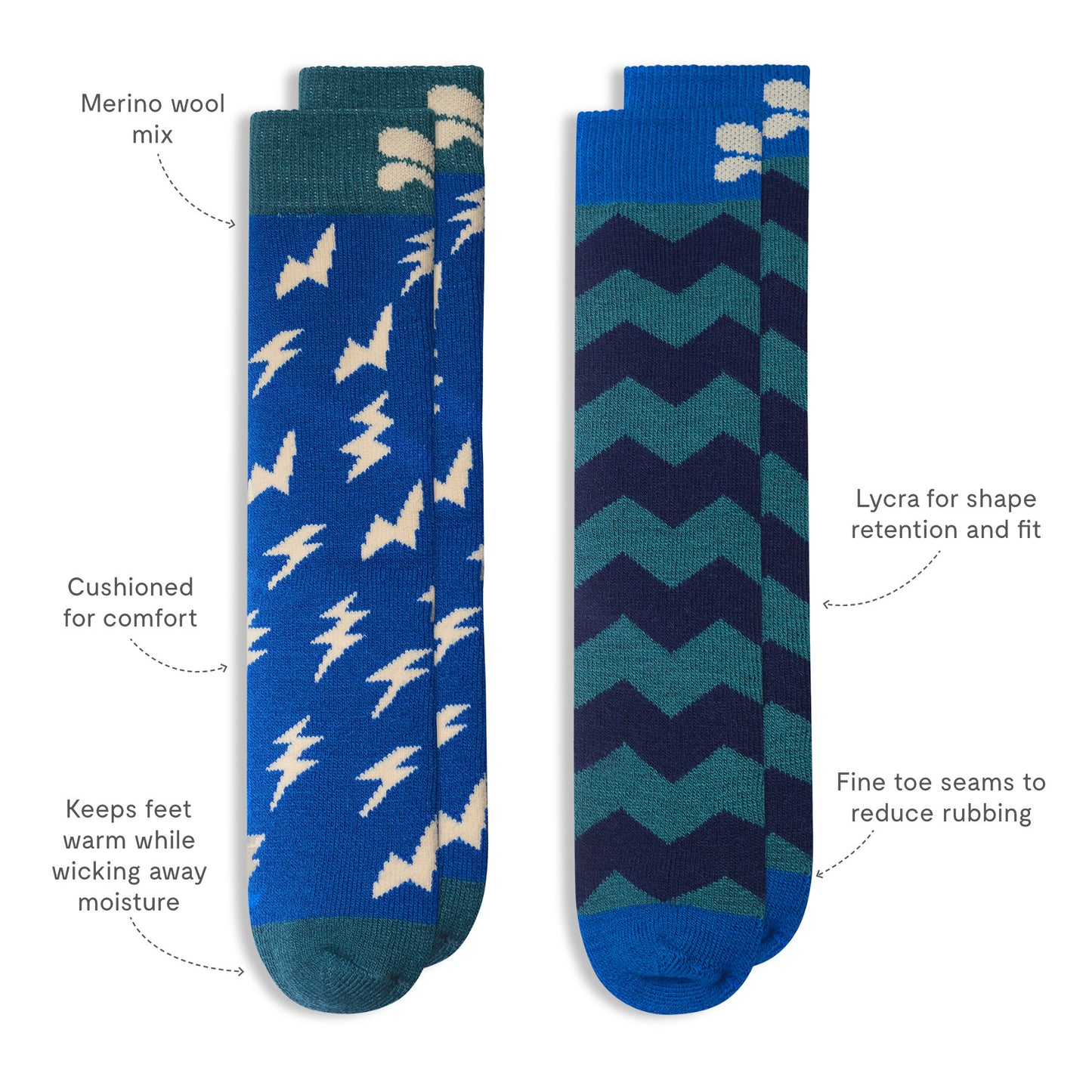 Puddlestomper Twin Pack Socks Green Blue featuring durable merino wool-blend, cushioned soles, moisture-wicking properties, and Lycra-enhanced fit, ideal for active children's outdoor adventures.
