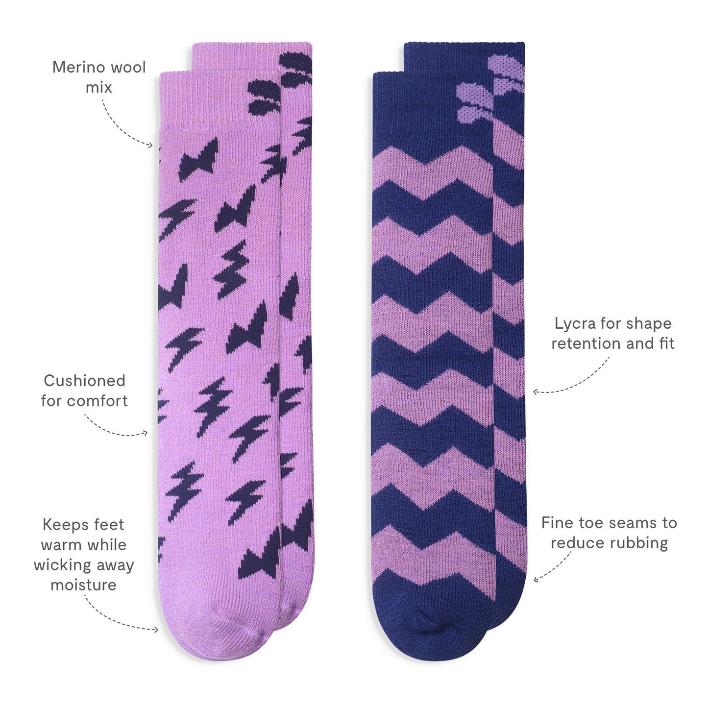 Puddlestomper Twin Pack Socks Pink Blue features merino wool blend for warmth, cushioned footbed, Lycra for snug fit, and fine toe seams for comfort.