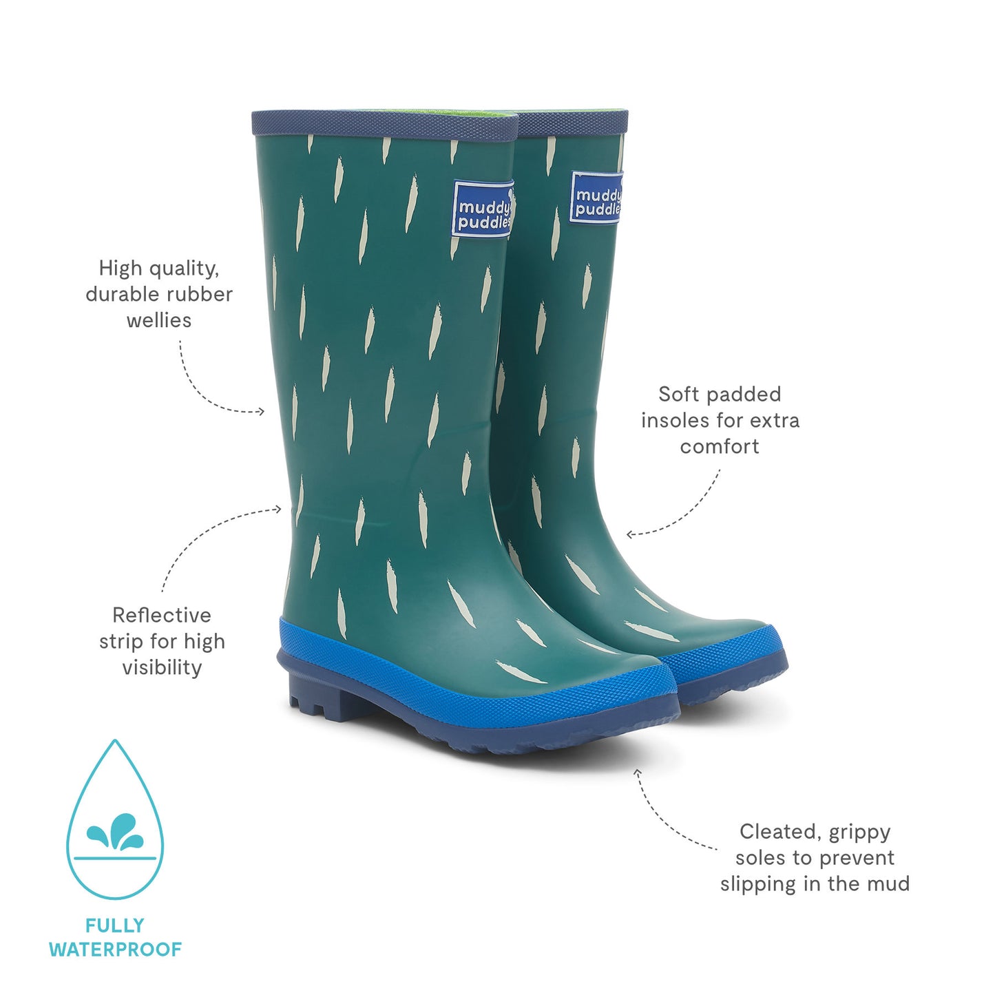 Puddlestomper Wellies Green, featuring durable rubber, reflective strip, padded insoles, grippy soles, and waterproof design. Ideal for adventurous kids in any weather.