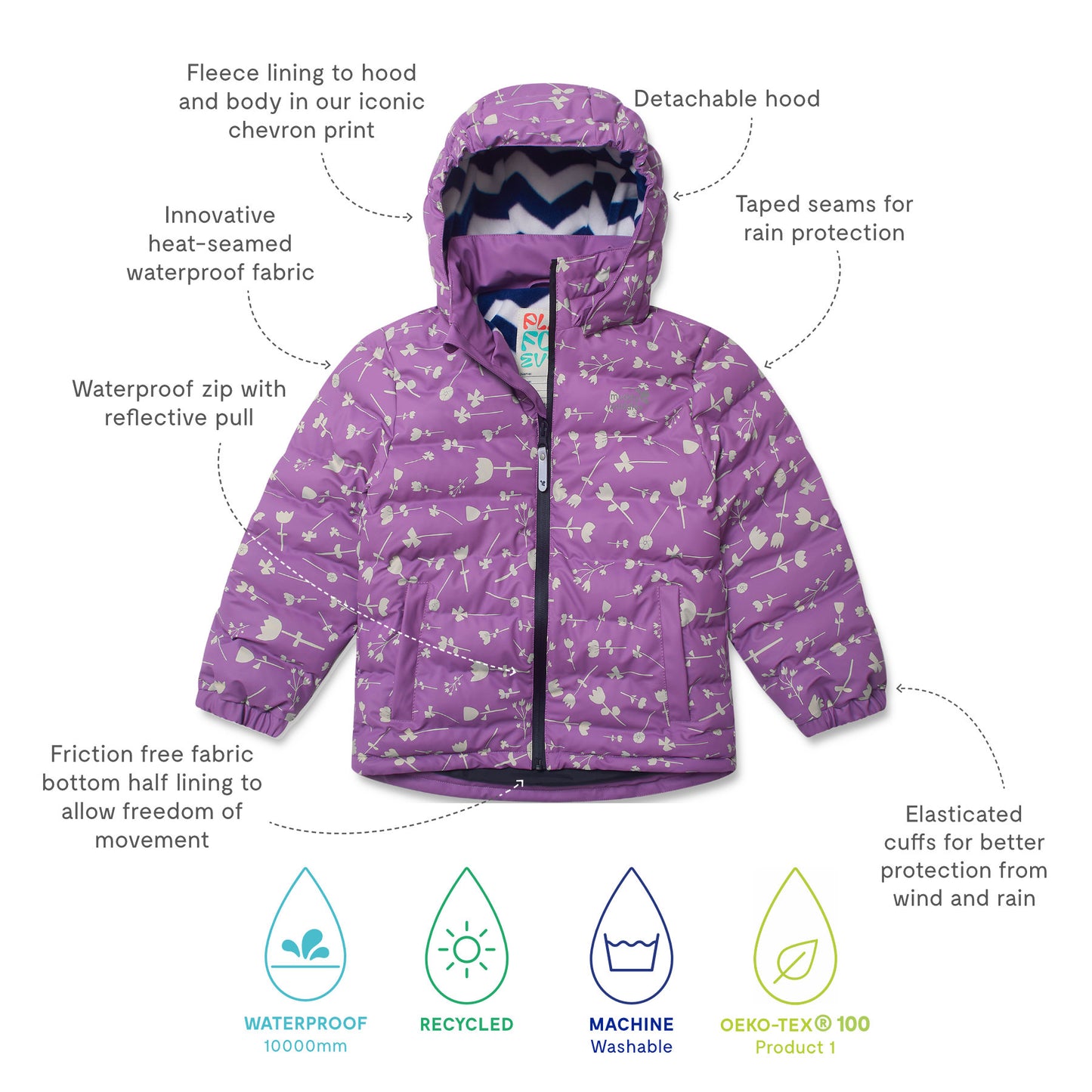 Waterproof Puffer Jacket Lilac Floral showcasing durable, fully waterproof fabric, detachable hood, reflective zipper, fleece lining, and elasticated cuffs, ideal for children's outdoor adventures.