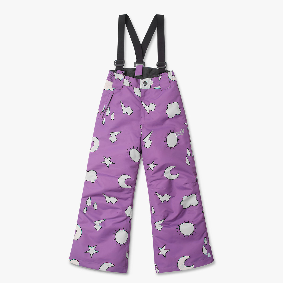 Blizzard Ski Salopettes Lilac Weather: Durable children's insulated snow pants with adjustable black suspenders, featuring white weather-themed icons. Ideal for outdoor adventures.