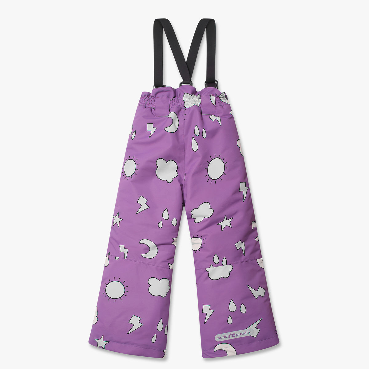 Blizzard Ski Salopettes Lilac Weather: Durable children's waterproof pants with adjustable black suspenders and weather icon prints. Ideal for active outdoor play in wet conditions.