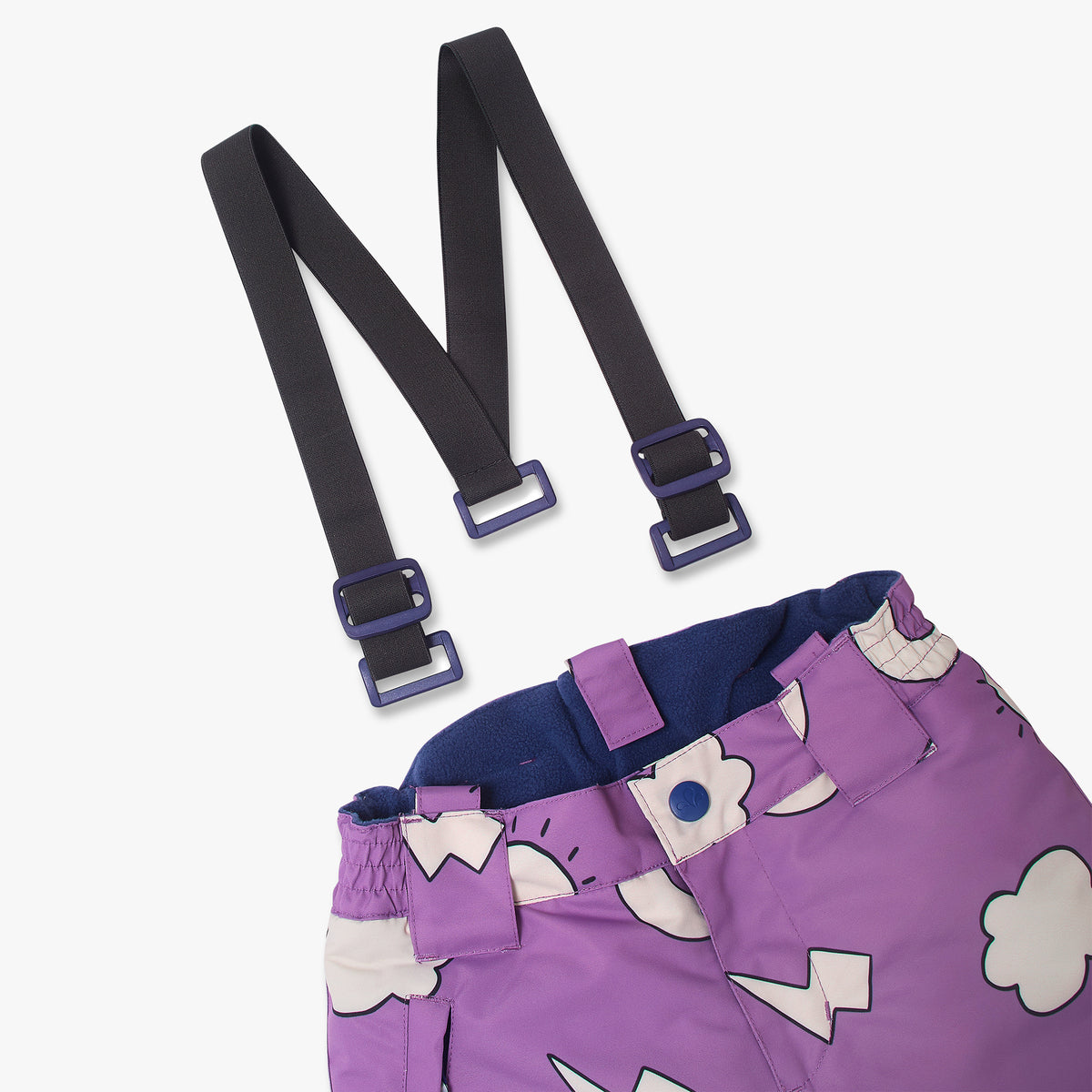 Blizzard Ski Salopettes Lilac Weather feature a cloud-and-lightning print with detachable black elastic suspenders, designed for durable, waterproof outdoor adventures.