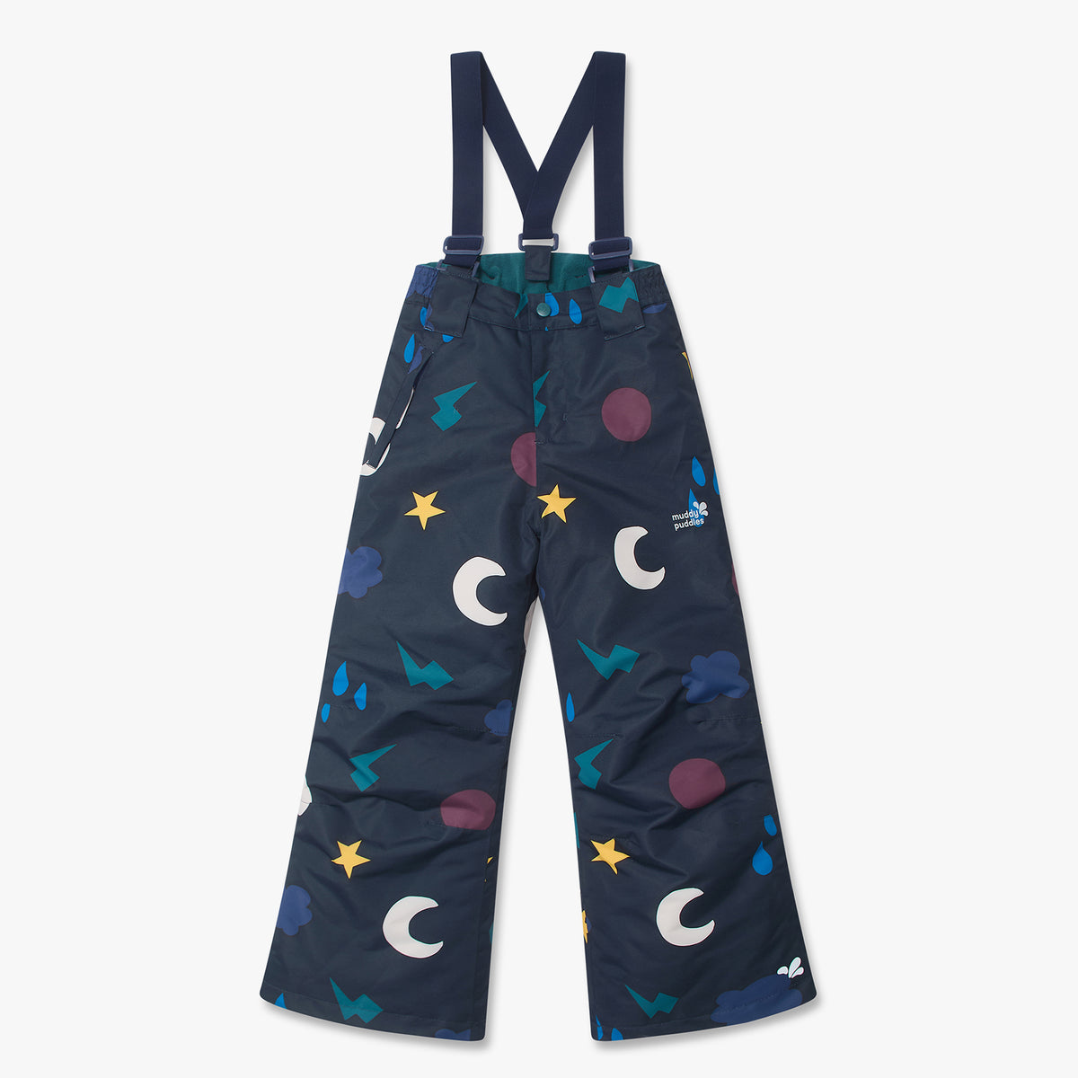 Blizzard Ski Salopettes in navy, featuring weather-themed prints. These durable, waterproof over-pants have adjustable straps and a muddy puddles logo, ideal for outdoor adventures.