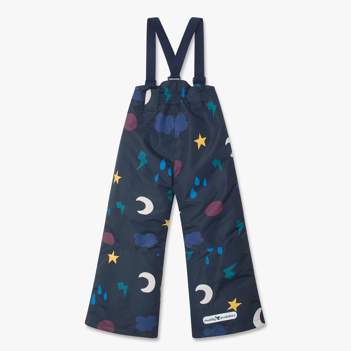 Blizzard Ski Salopettes Navy Weather: children’s waterproof over-trousers with weather-themed print and adjustable suspenders, ideal for outdoor play and keeping dry.